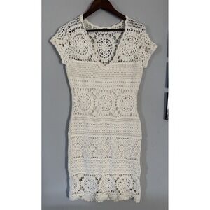 ELIE TAHARI Crochet Knit Dress Off White Lace Boho Sheath Size Small $398 Retail